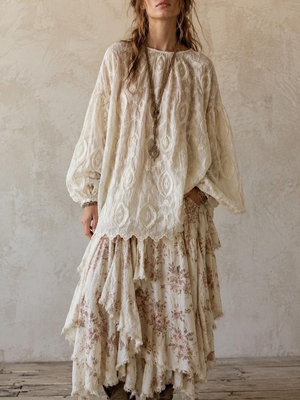 NEW Boho Sheer Lace 3-D Design Oversized Peasant Top Balloon Sleeve Cream Size L